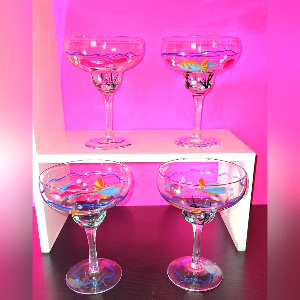 4 Handblown/ Handpainted Multicolored Fish Margarita/Martini Glasses